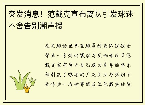 突发消息！范戴克宣布离队引发球迷不舍告别潮声援